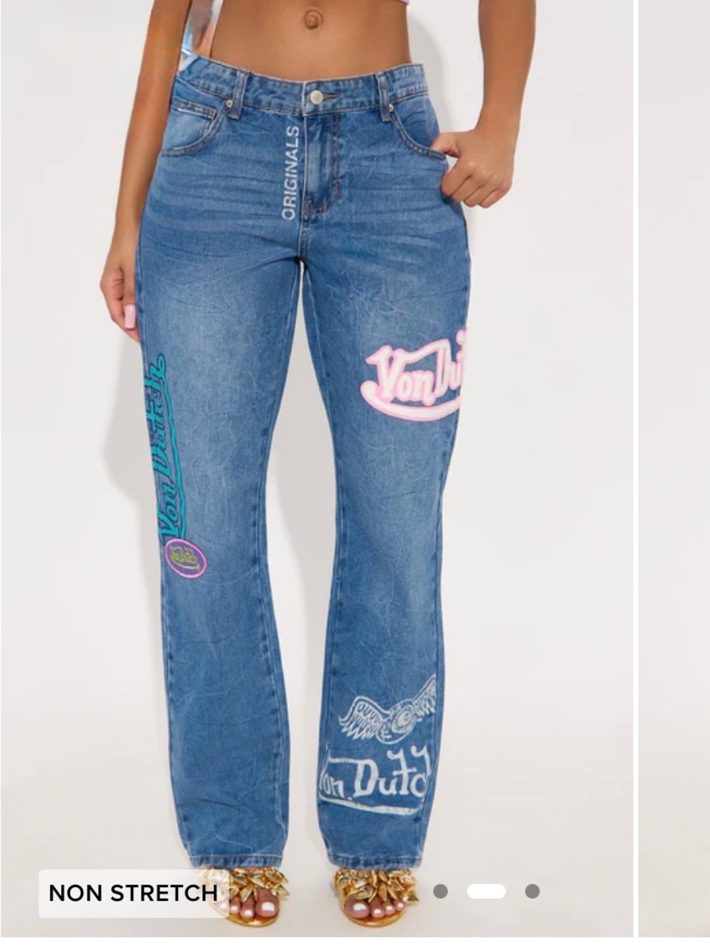 Von Dutch Blue Straight-Leg Jeans with Pink & Teal Logos